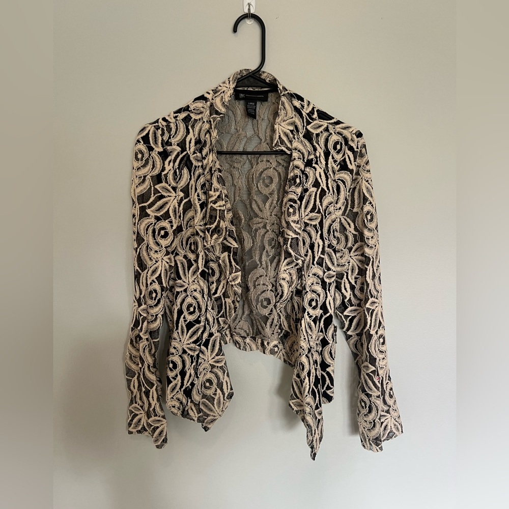 INC International Concept Lace Jacket Large Black Beige Floral Open Front Blazer